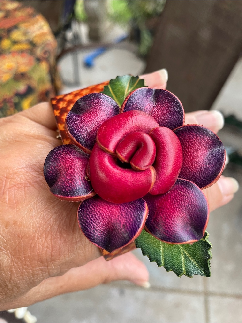 Handcrafted Floral Leather Rose Statement bracelet Pink & Purple